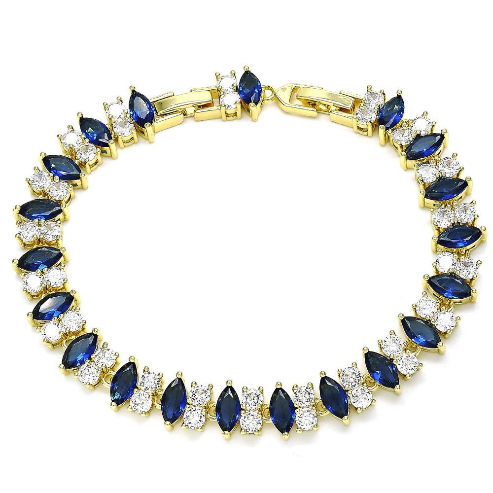 Gold Filled Tennis Bracelet With Sapphire Blue and White Cubic Zirconia Polished Finish Golden Tone