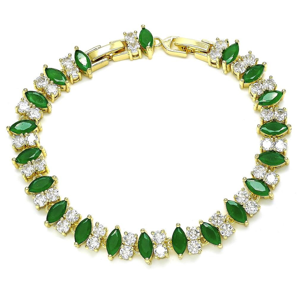 Gold Filled Tennis Bracelet With Green and White Cubic Zirconia Polished Finish Golden Tone