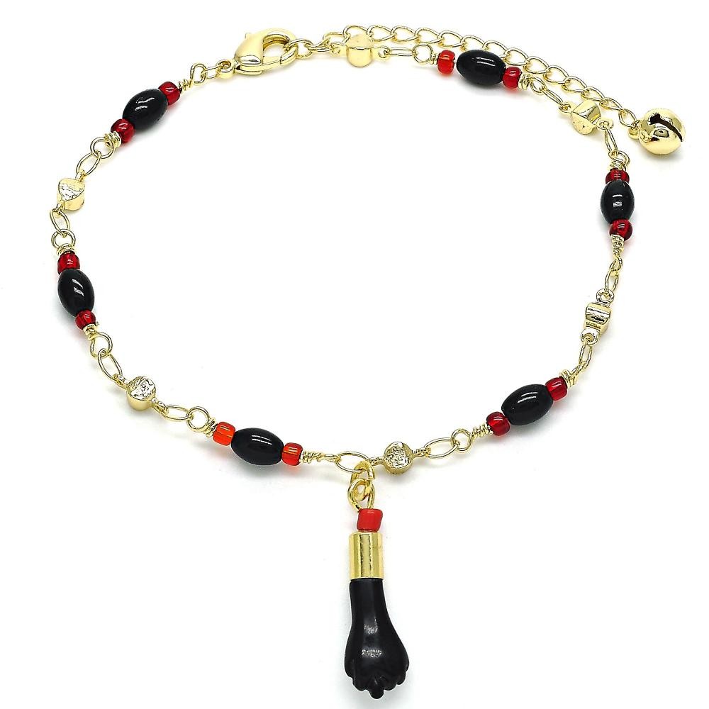 Gold Filled Charm Anklet Hand Design With Black and Red Azavache Polished Finish Golden Tone