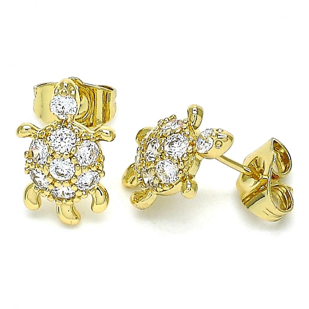 Gold Filled Turtle Design Stud Earrings With White Cubic Zirconia Polished Finish Golden Tone