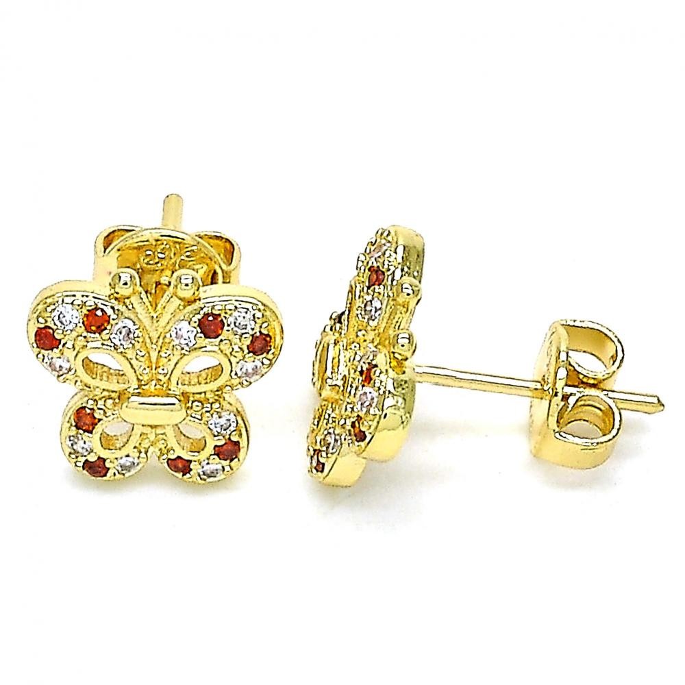 Gold Filled Butterfly Design Stud Earrings With Garnet & White Micro Pave Polished Finish Golden Tone