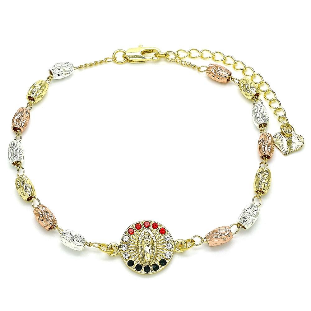Gold Filled Tri Tone Fancy Bracelet Guadalupe Design With Multicolor Crystal Diamond Cutting Finish