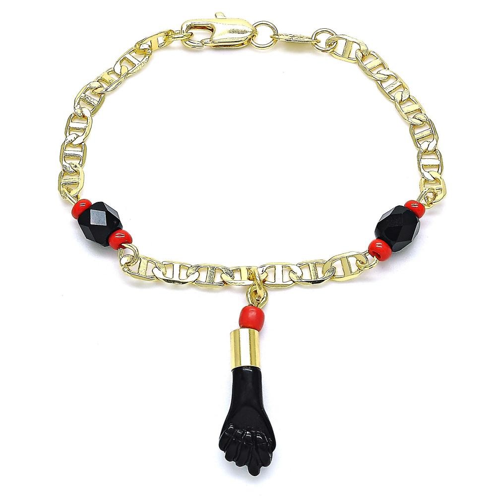 Gold Filled Baby Charm Bracelet Hand Design With Black and Orange Red Azavache, Polished Finish Golden Tone