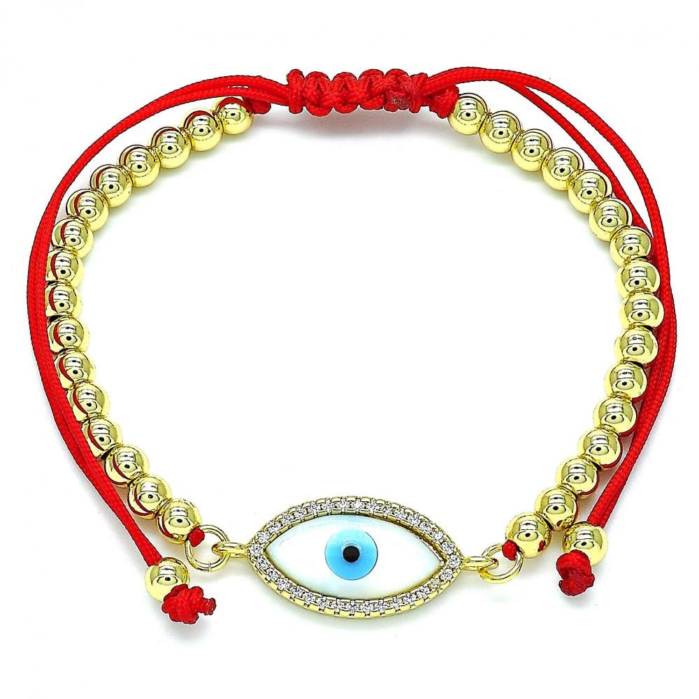 Gold Filled Adjustable Bolo Bracelet Greek Eye and Ball Design With White Micro Pave and White Mother of Pearl Polished Finish Golden Tone