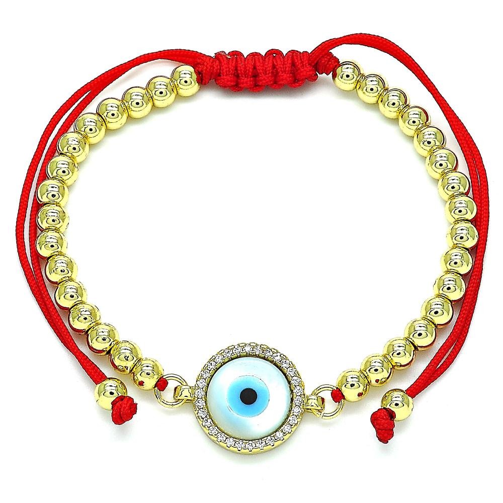 Gold Filled Adjustable Bolo Bracelet Greek Eye and Ball Design With White Micro Pave and White Mother of Pearl Polished Finish Golden Tone