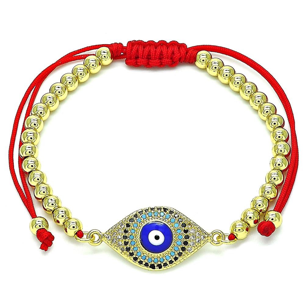 Gold Filled Adjustable Bolo Bracelet Greek Eye Design With Multicolor Micro Pave Polished Finish Golden Tone