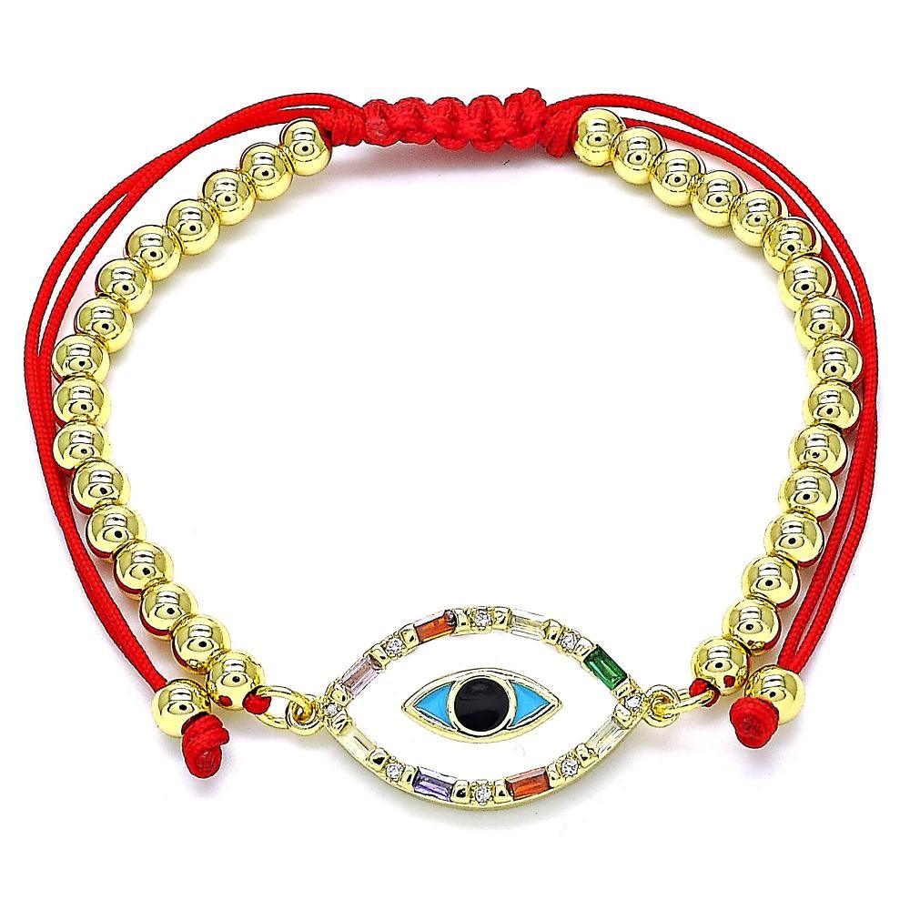 Gold Filled Adjustable Bolo Bracelet Ball and Greek Eye Design With Multicolor Cubic Zirconia Multicolor Enamel Finish Golden Tone