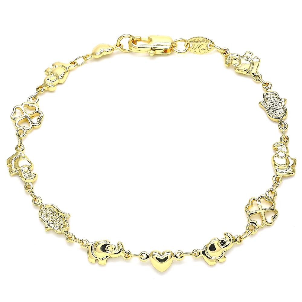 Gold Filled Fancy Bracelet Elephant and Heart Design Polished Finish Golden Tone