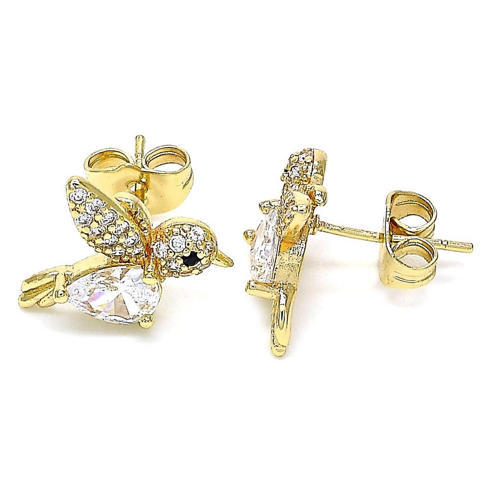 Gold Filled Bird Design Stud Earrings With White Micro Pave Polished Finish Golden Tone