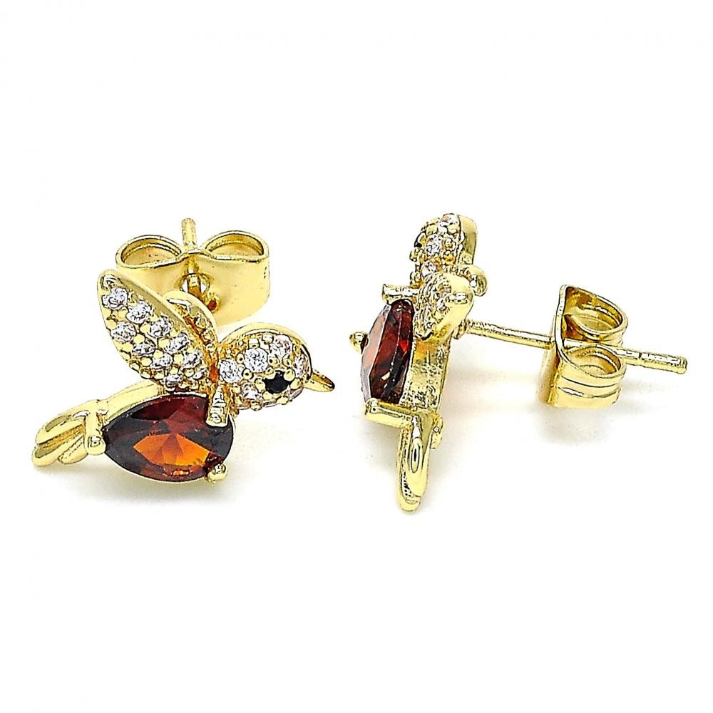 Gold Filled Bird Design Stud Earrings With Garnet and White Micro Pave Polished Finish Golden Tone