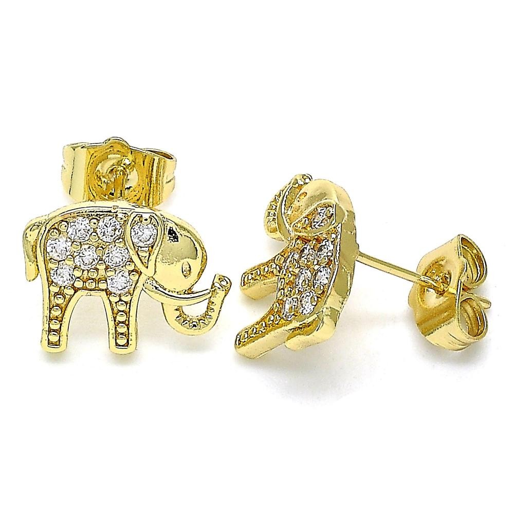 Gold Filled Stud Earrings Elephant Design With White Micro Pave Polished Finish Golden Tone