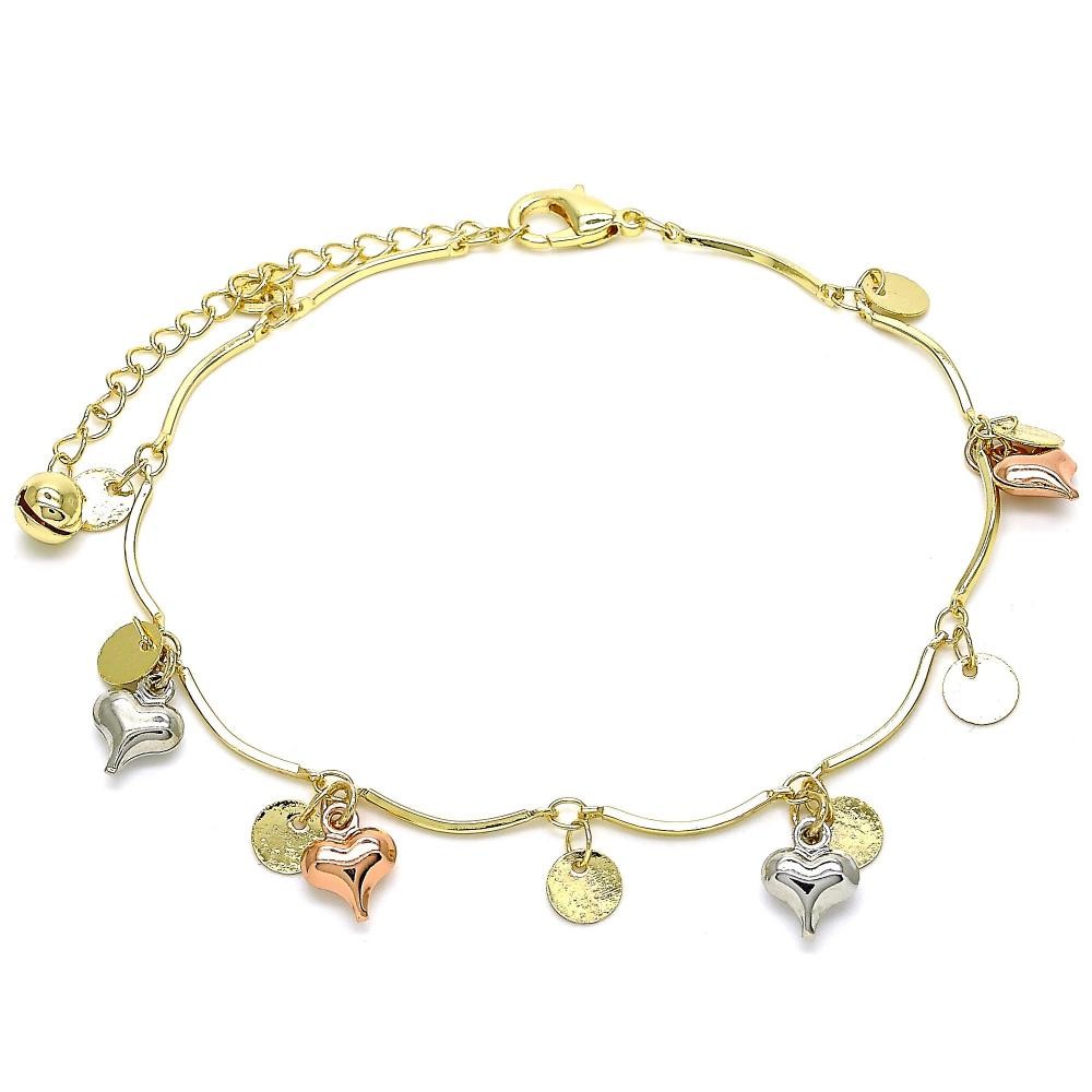 Gold Filled 10" Charm Anklet Heart and Rattle Charm Design Polished Finish Tri Tone