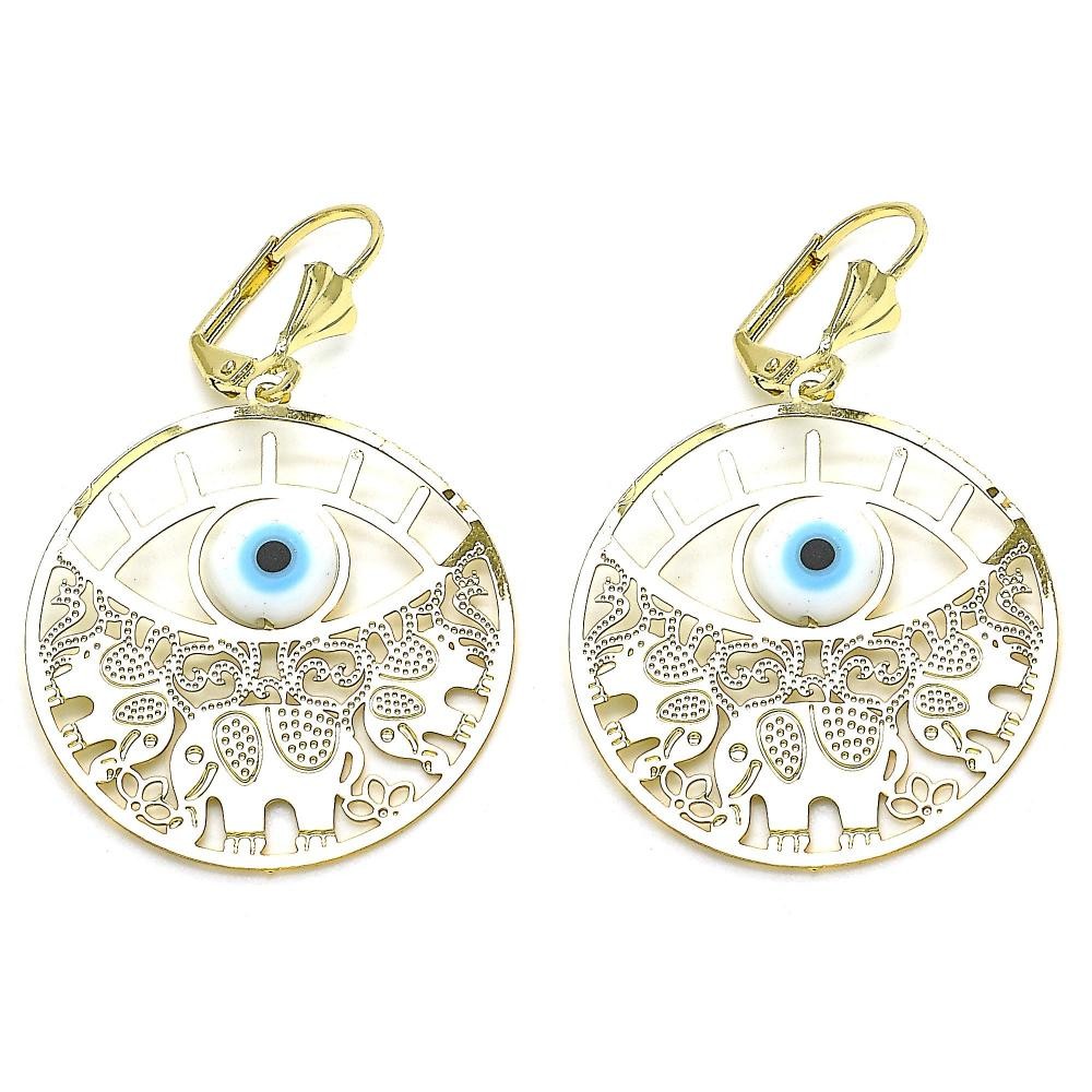 Gold Filled Dangle Earring Elephant and Greek Eye Design Polished Finish Golden Tone