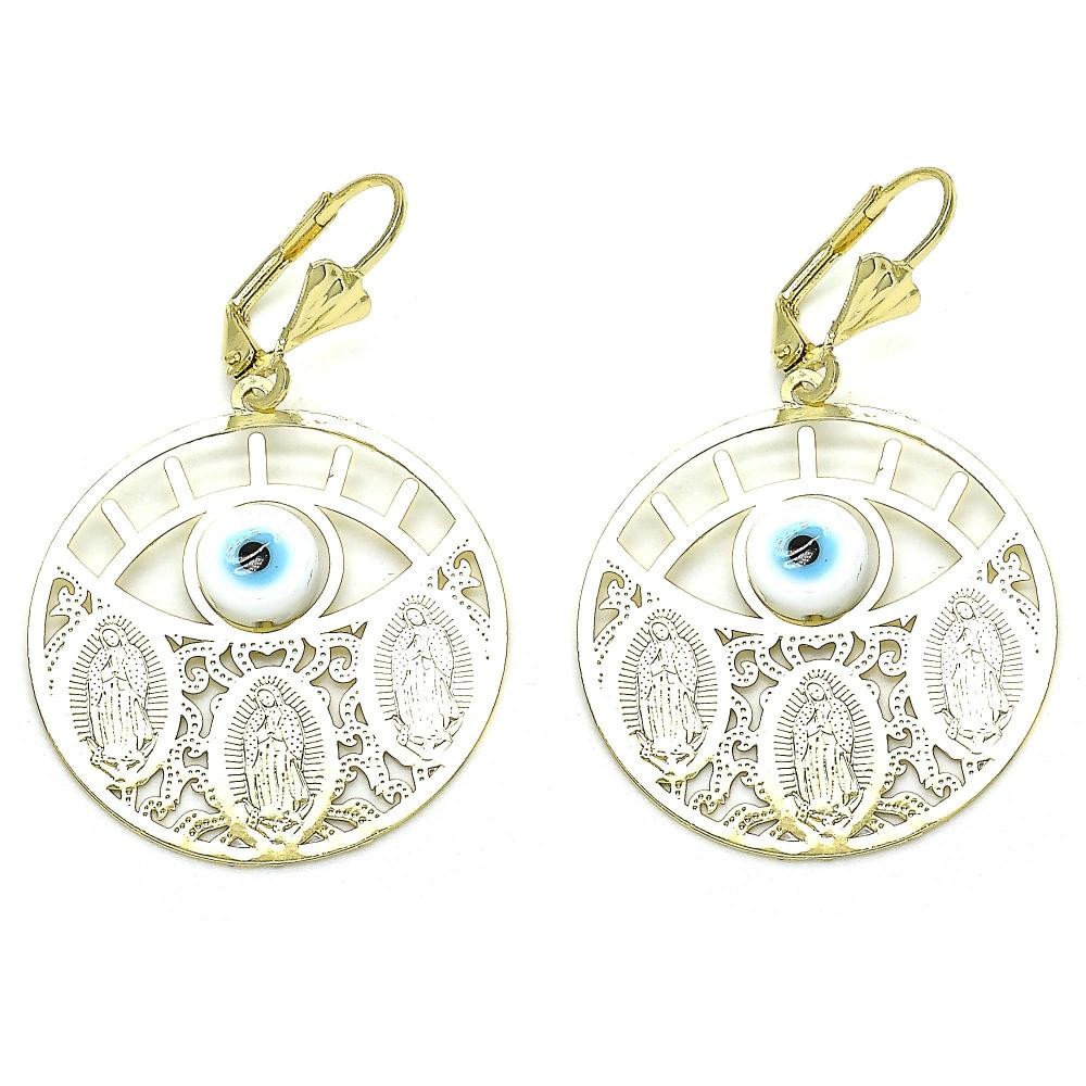 Gold Filled Dangle Earring Guadalupe and Greek Eye Design Polished Finish Golden Tone