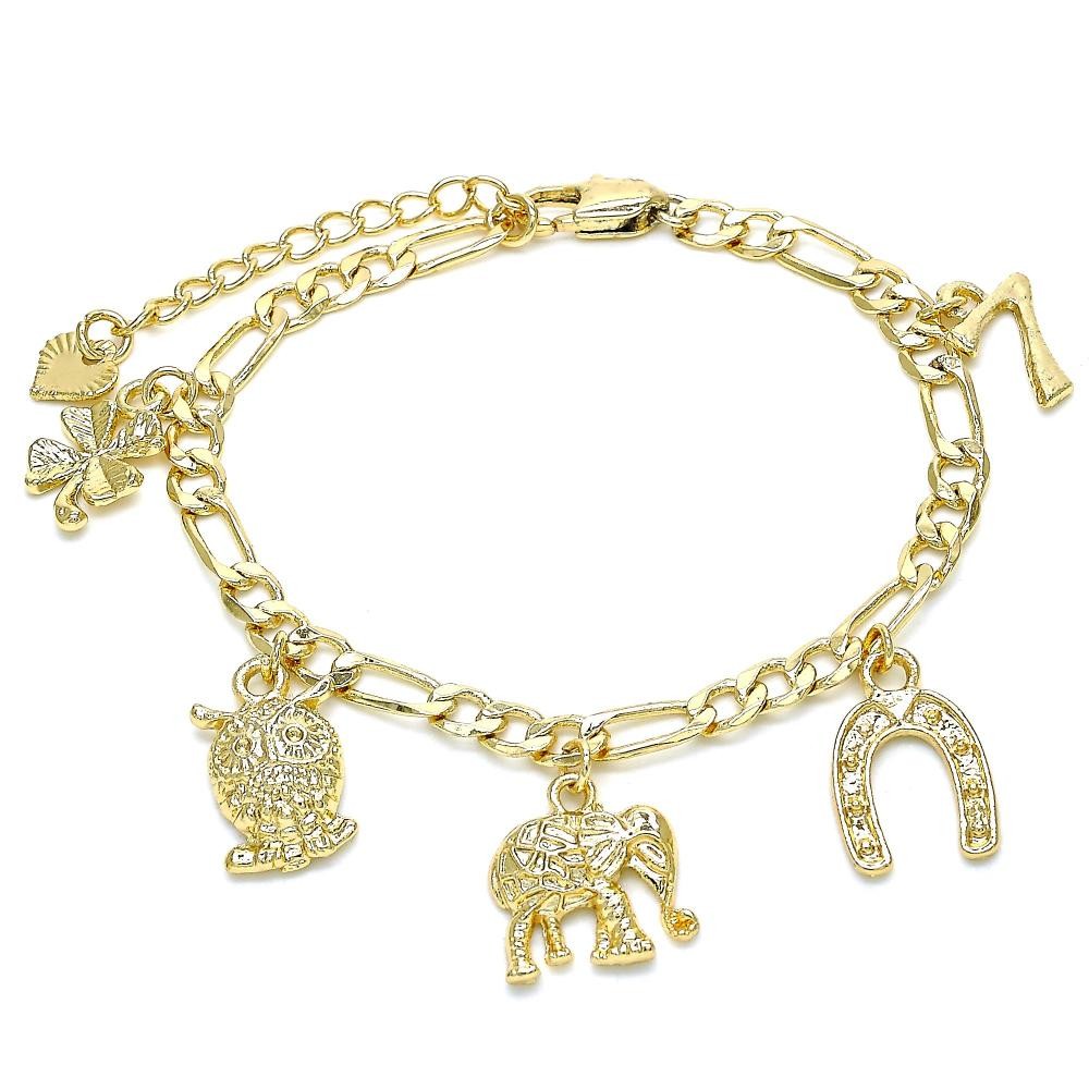 Gold Filled Charm Bracelet Owl and Elephant Design Polished Finish Golden Tone