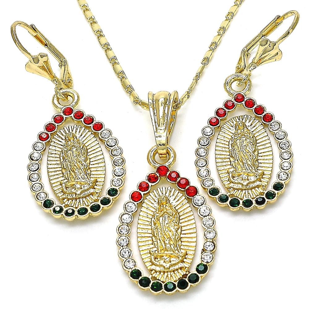 Gold Filled Earring and Pendant Adult Set Guadalupe and Teardrop Design With Multicolor Crystal Polished Finish Golden Tone