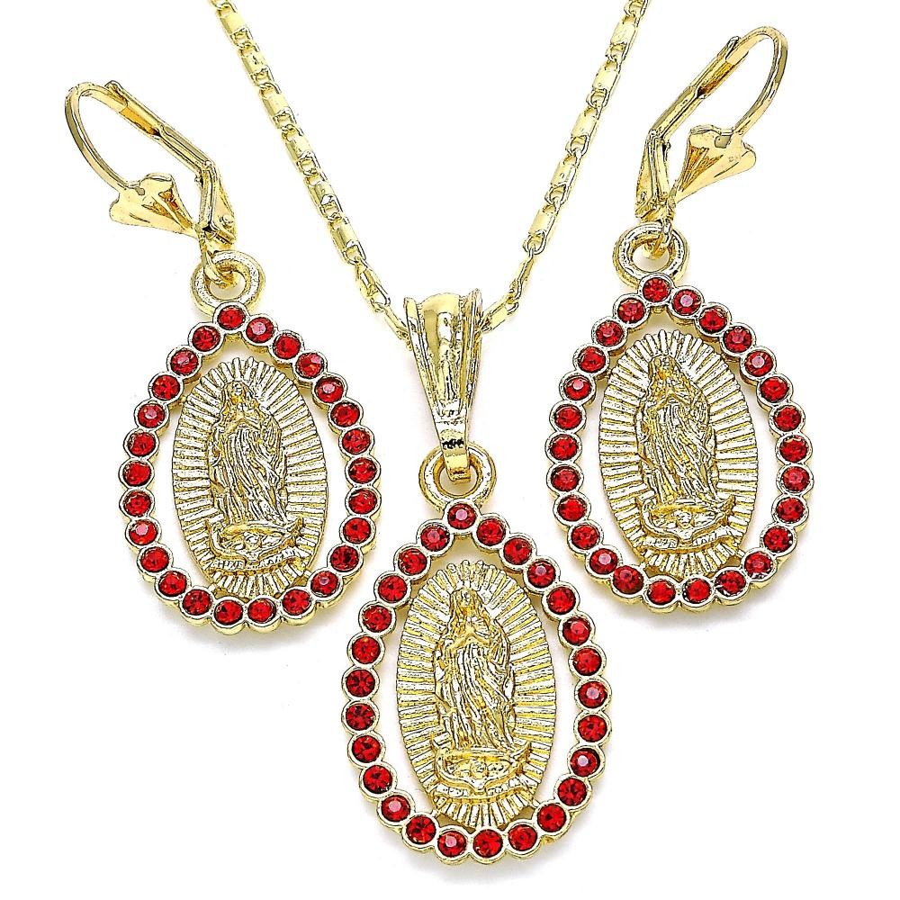 Gold Filled Earring and Pendant Adult Set Guadalupe and Teardrop Design With Garnet Crystal Polished Finish Golden Tone
