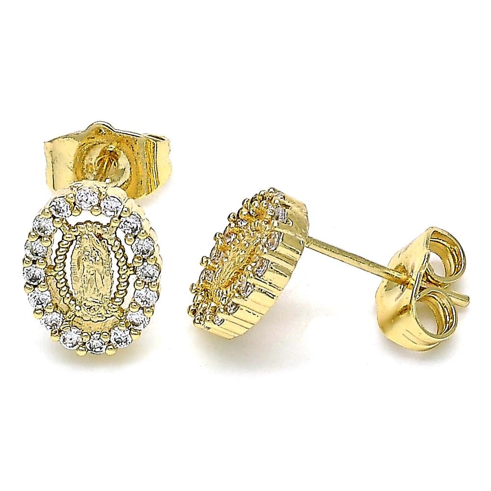 Gold Filled Stud Earrings Guadalupe Design With White Micro Pave Polished Finish Golden Tone