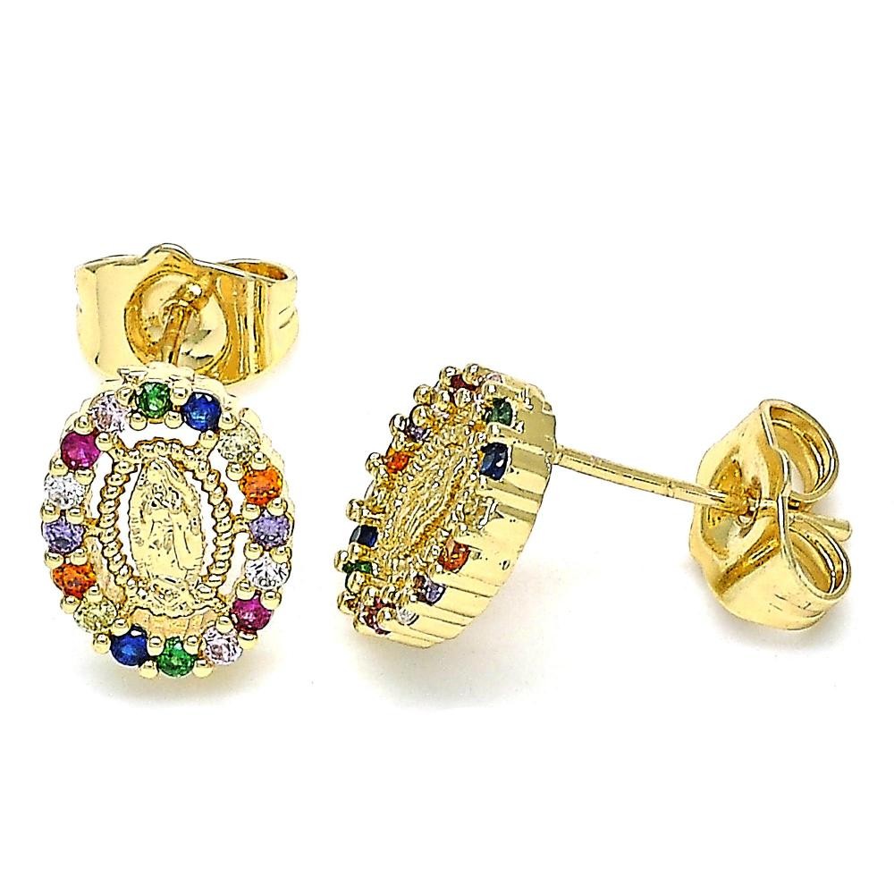 Gold Filled Stud Earrings Guadalupe Design With Multicolor Micro Pave Polished Finish Golden Tone