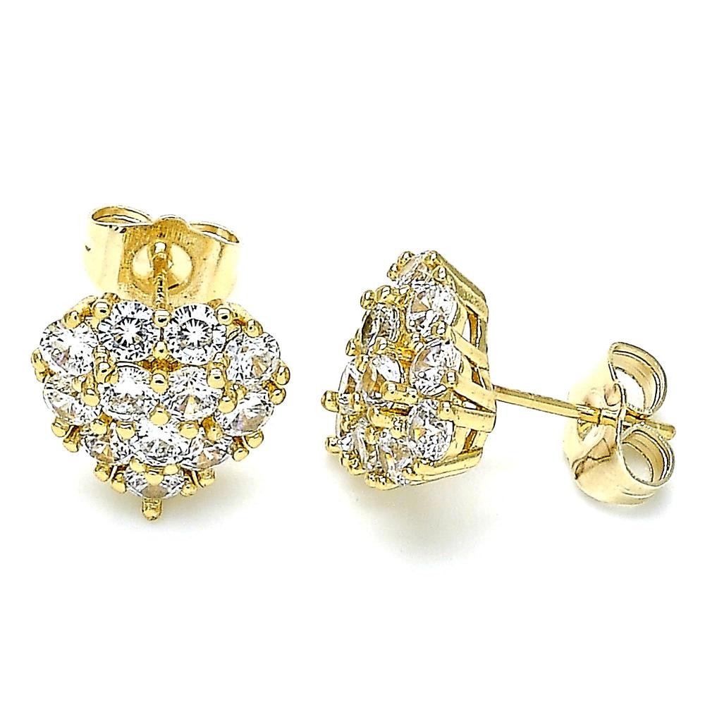 Gold Filled Stud Earrings Heart Design With White Cubic Zirconia Polished Finish Golden Tone