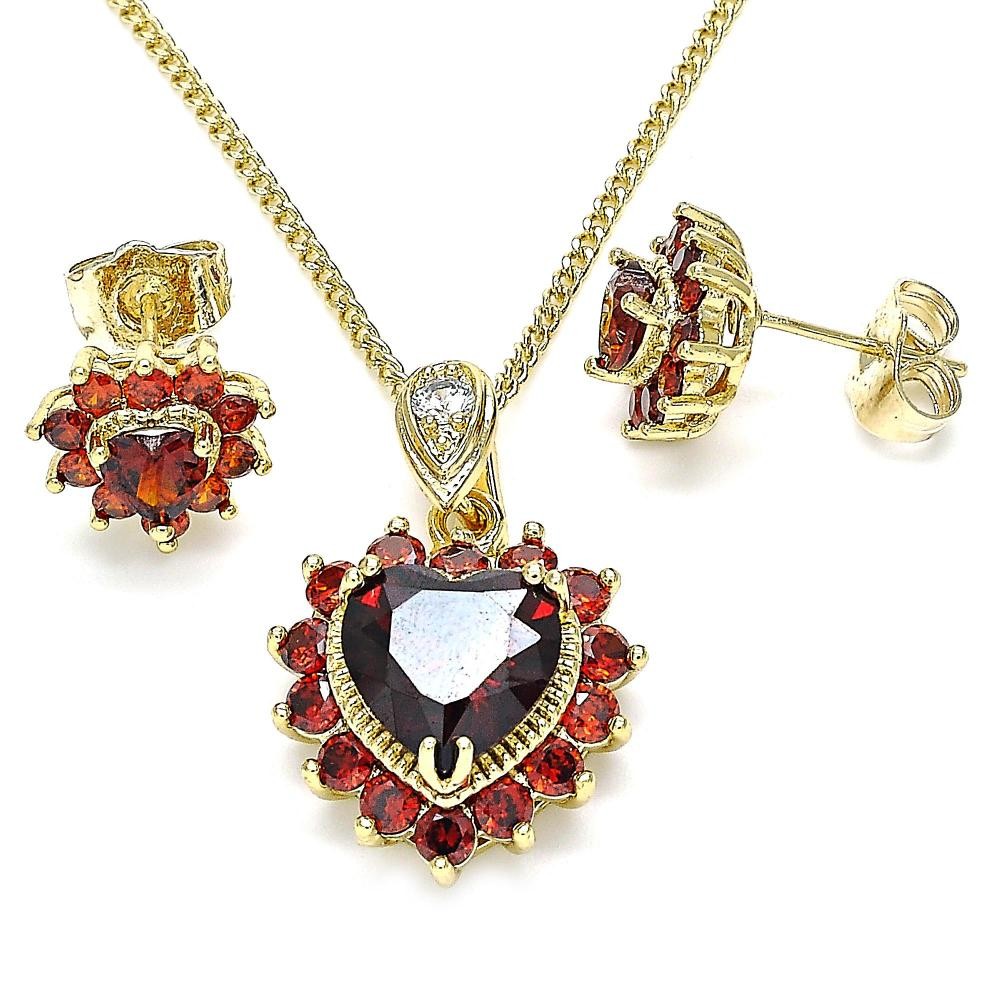 Gold Filled Earring and Pendant Adult Set Heart Design With Garnet and White Cubic Zirconia Polished Finish Golden Tone
