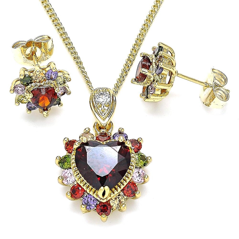 Gold Filled Earring and Pendant Set Heart Design With Multicolor Cubic Zirconia Polished Finish Golden Tone