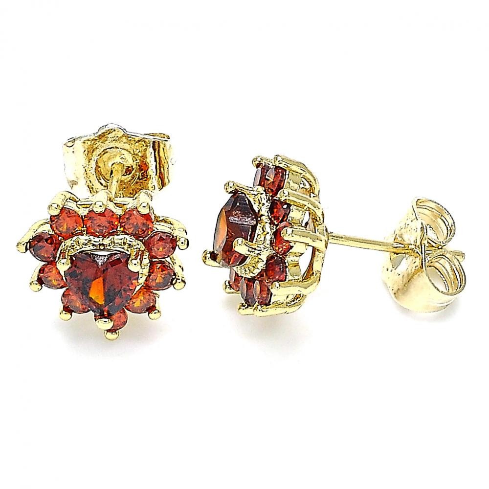 Gold Filled Stud Earring Heart Design With Garnet Cubic Zirconia Polished Finish Golden Tone