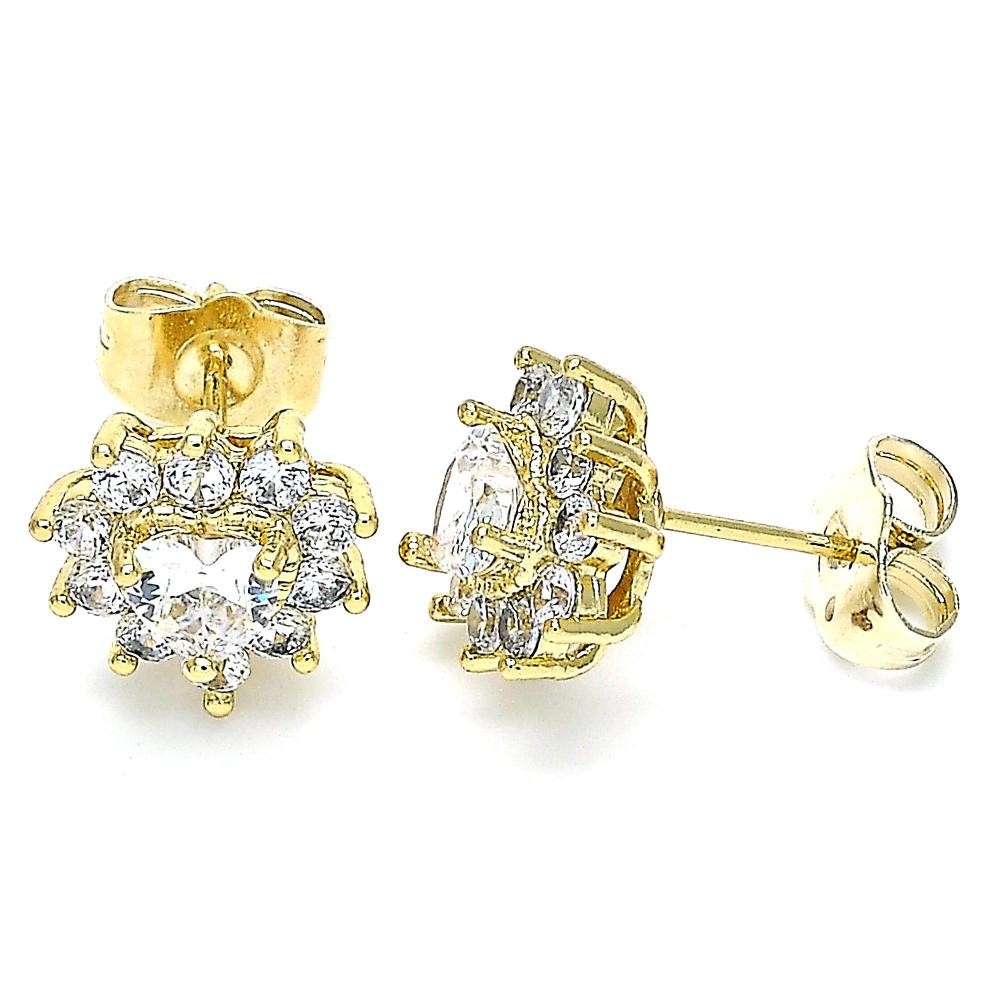 Gold Filled Stud Earring Heart Design with White Cubic Zirconia Polished Finish Golden Tone