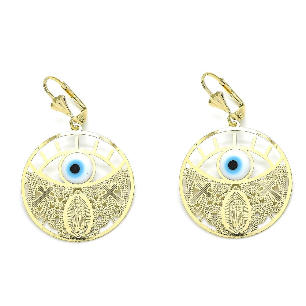 Gold Dangle Earring Guadalupe and Cross Design Polished Finish Golden Tone