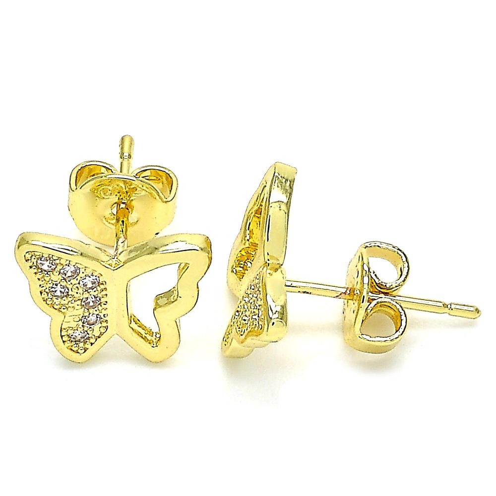 Gold Filled Stud Earrings Butterfly Design With White Micro Pave Polished Finish Golden Tone