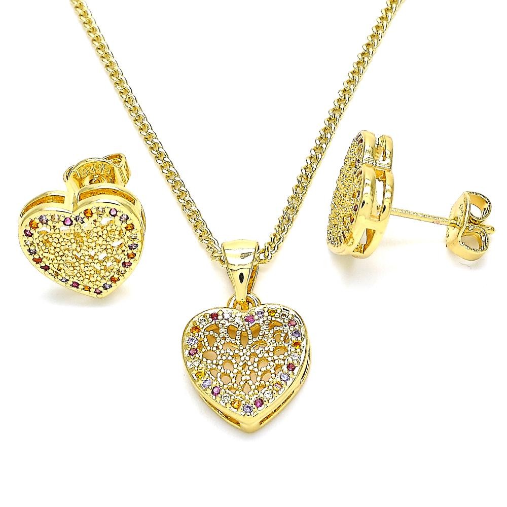 Gold Filled Earring and Pendant Set Heart Design With White Cubic Zirconia Polished Finish Golden Tone
