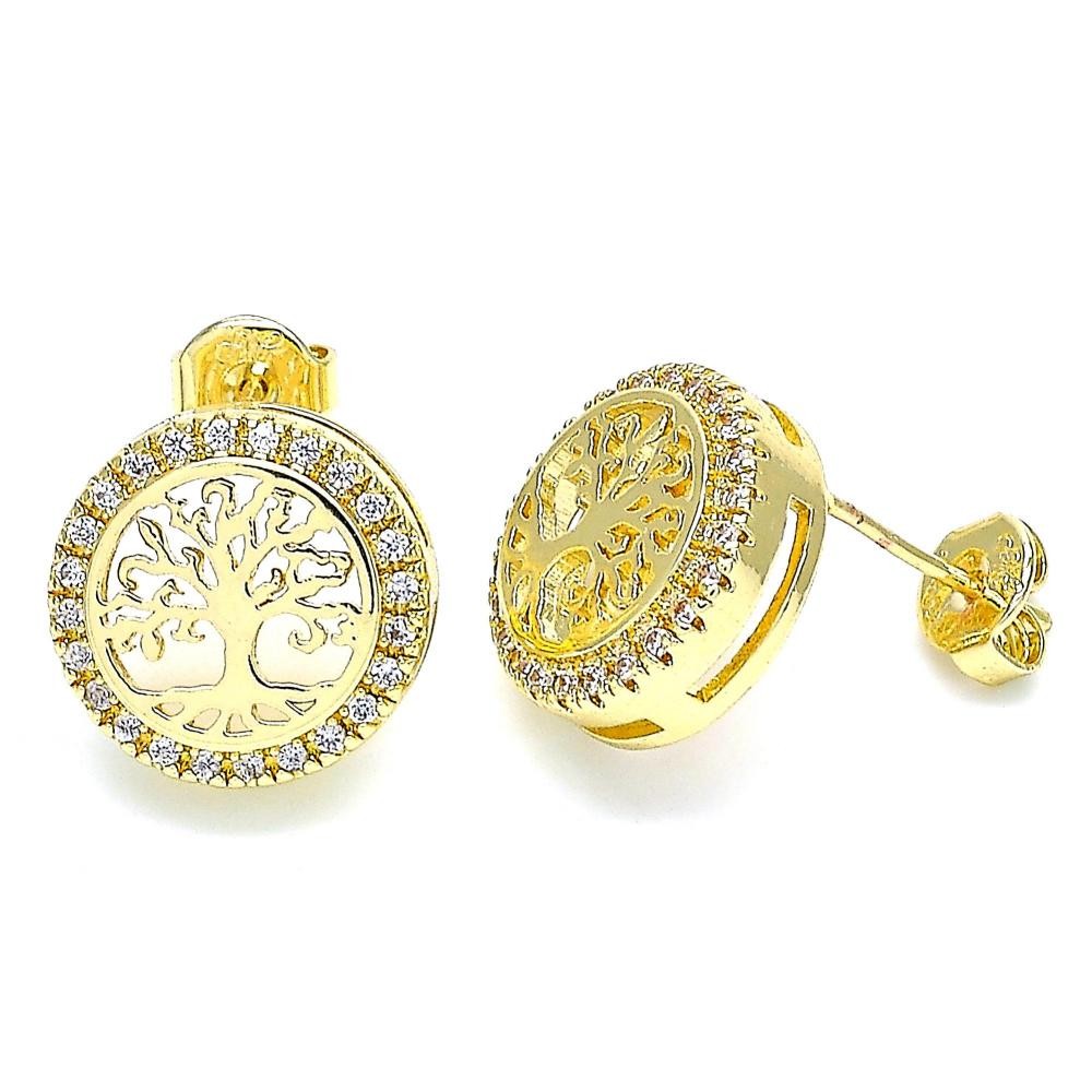Gold Filled Stud Earrings Tree Design With White Micro Pave Polished Finish Golden Tone