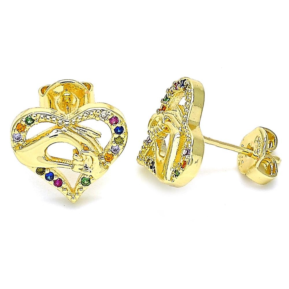 Gold Filled Stud Earrings Heart and Hand Design With Multicolor Micro Pave Polished Finish Golden Tone