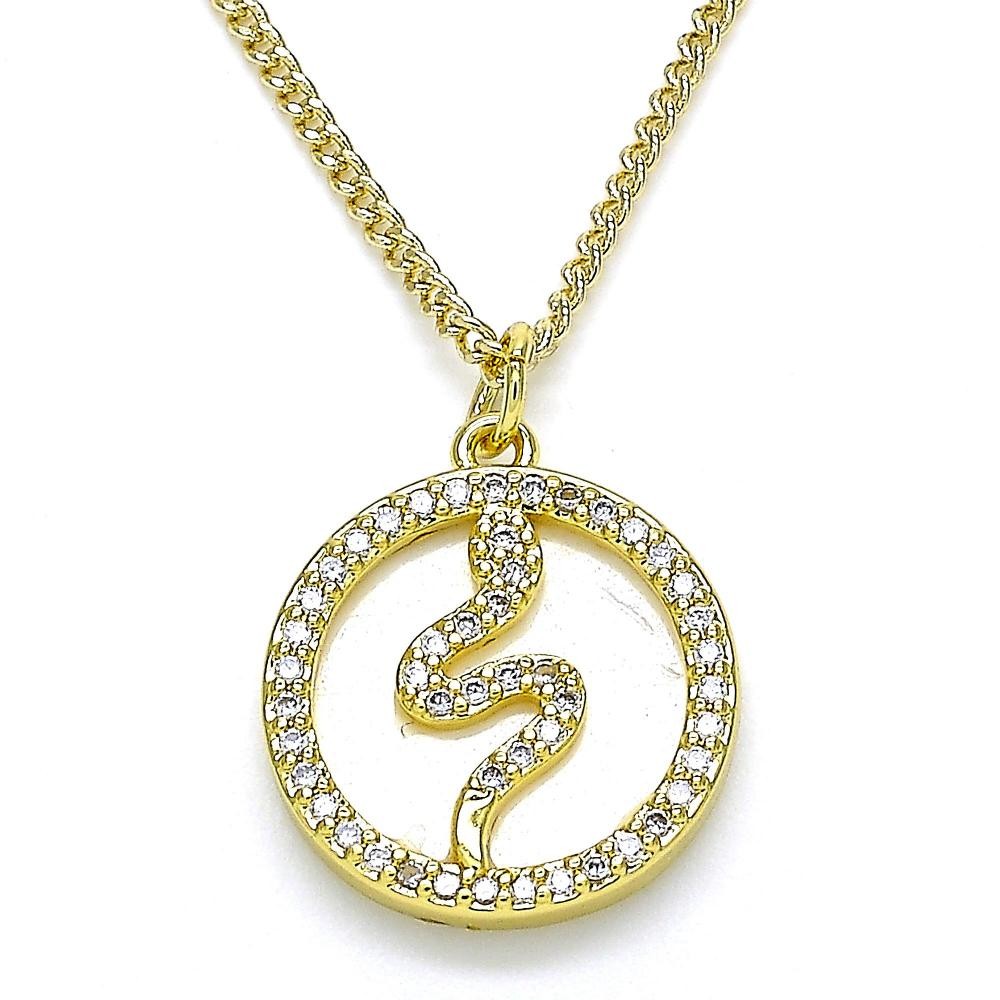 Gold Filled Pendant Necklace Snake Design \With White Micro Pave and Ivory Mother of Pearl Polished Finish Golden Tone