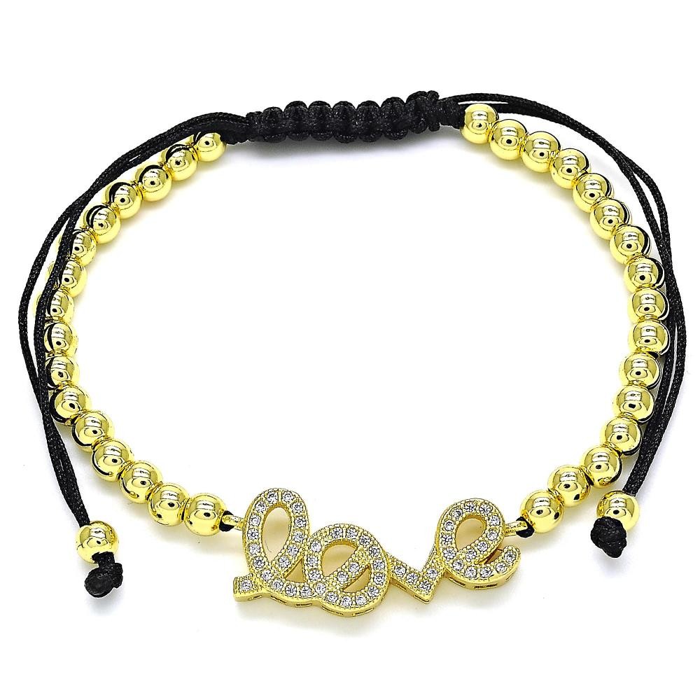 Gold Filled Adjustable Bolo Bracelet Love and Ball Design With White Micro Pave Polished Finish Golden Tone