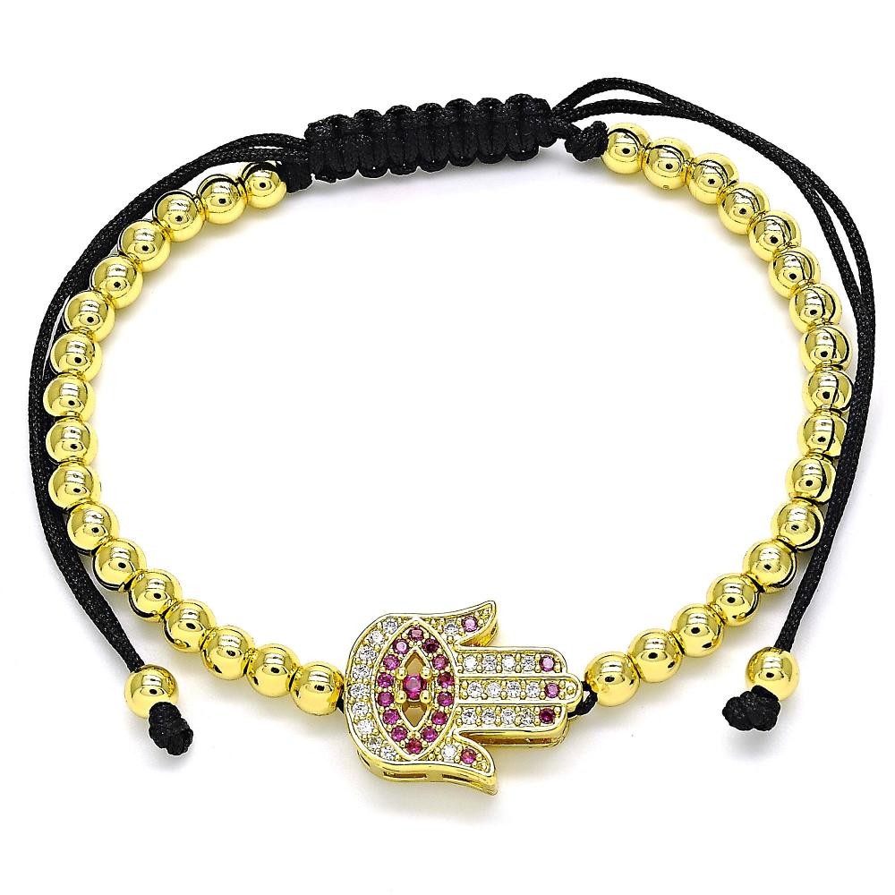 Gold Filled Adjustable Bolo Bracelet Hand of God and Ball Design With Ruby and White Micro Pave Polished Finish Golden Tone