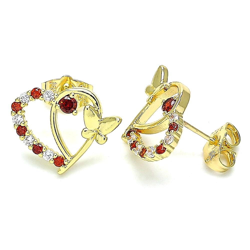 Gold Filled Stud Earrings Heart and Butterfly Design With Garnet and White Cubic Zirconia Polished Finish Golden Tone