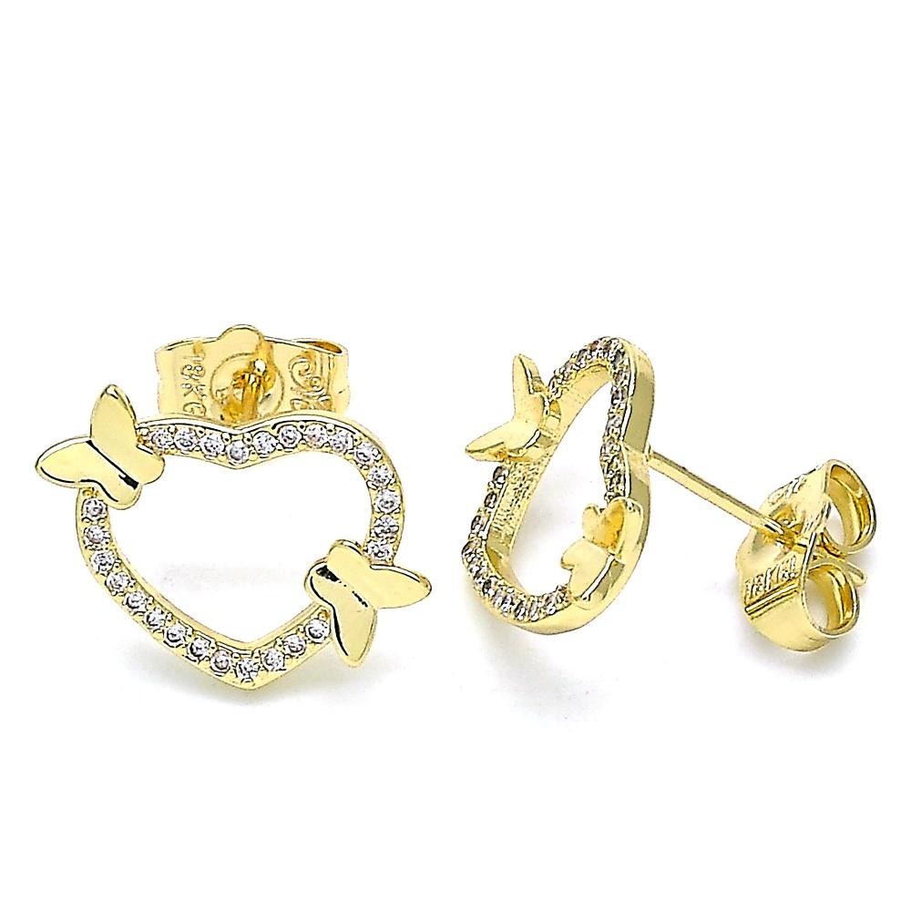 Gold Filled Stud Earrings Heart and Butterfly Design With White Micro Pave Polished Finish Golden Tone