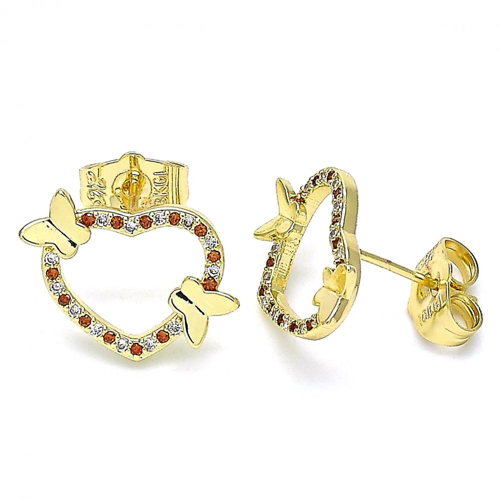 Gold Filled Stud Earrings Heart and Butterfly Design With Garnet and White Micro Pave Polished Finish Golden Tone