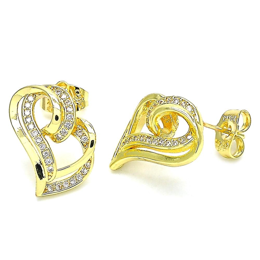 Gold Filled Stud Earrings Heart Design With White Micro Pave Polished Finish Golden Tone