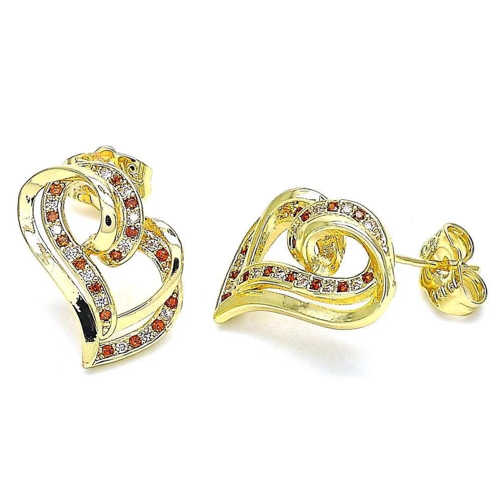 Gold Filled Stud Earrings Heart Design With Garnet and White Micro Pave Polished Finish Golden Tone
