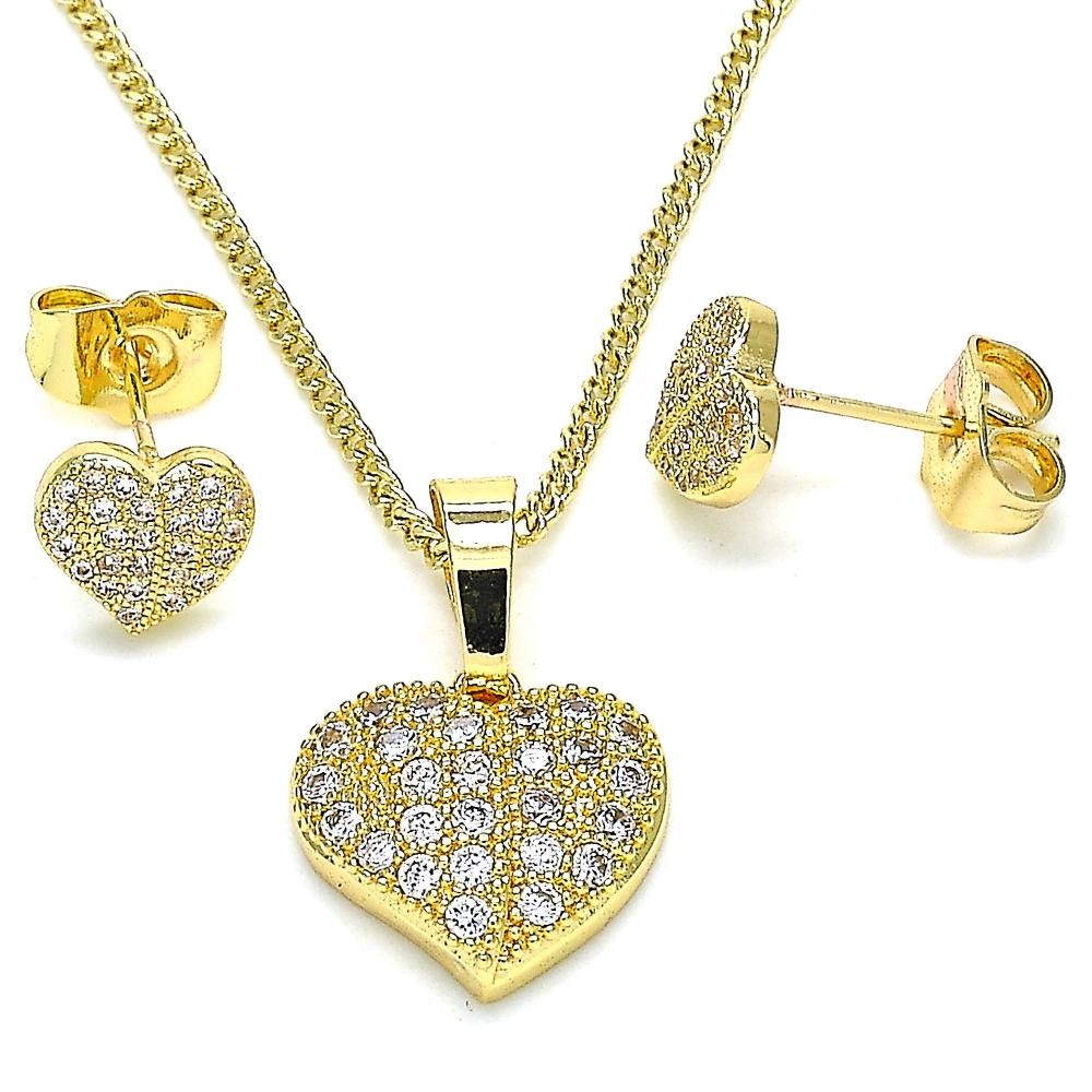 Gold Filled Earring and Pendant Adult Set Heart Design With White Micro Pave Polished Finish Golden Tone