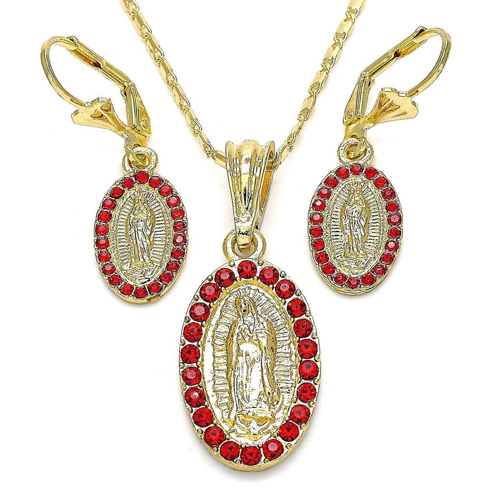 Gold Filled Earring and Pendant Adult Set Guadalupe Design With Garnet Crystal Polished Finish Golden Tone