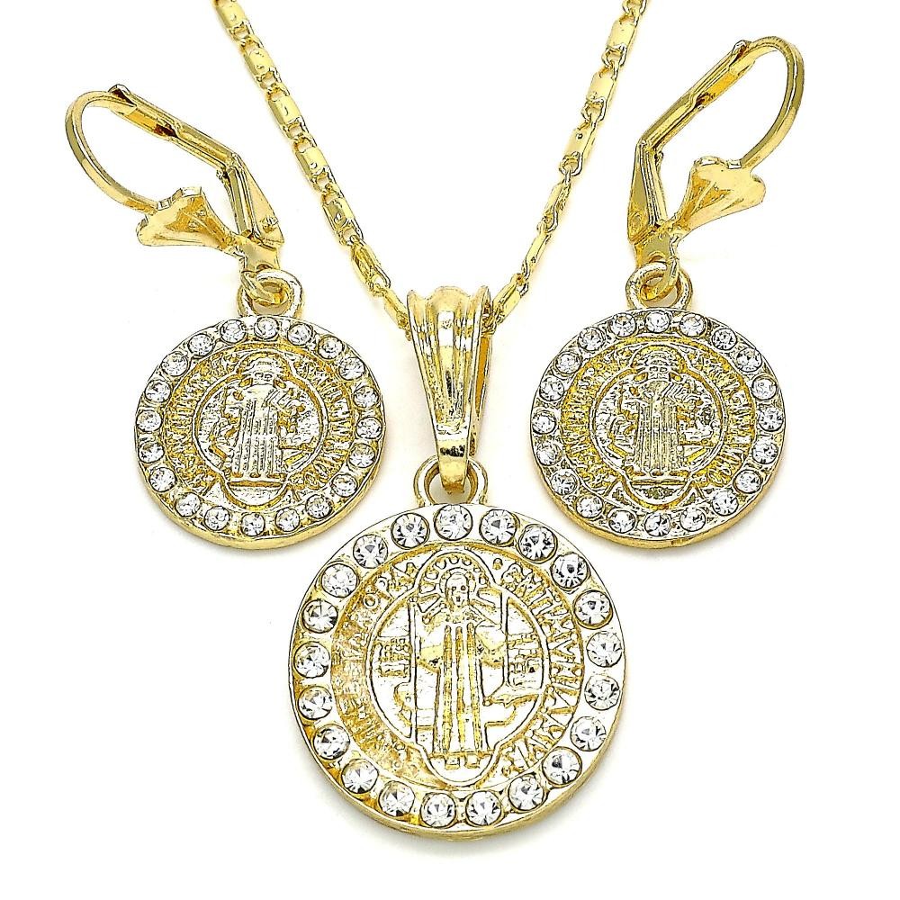 Gold Filled Earring and Pendant Adult Set San Benito Design With White Crystal Polished Finish Golden Tone