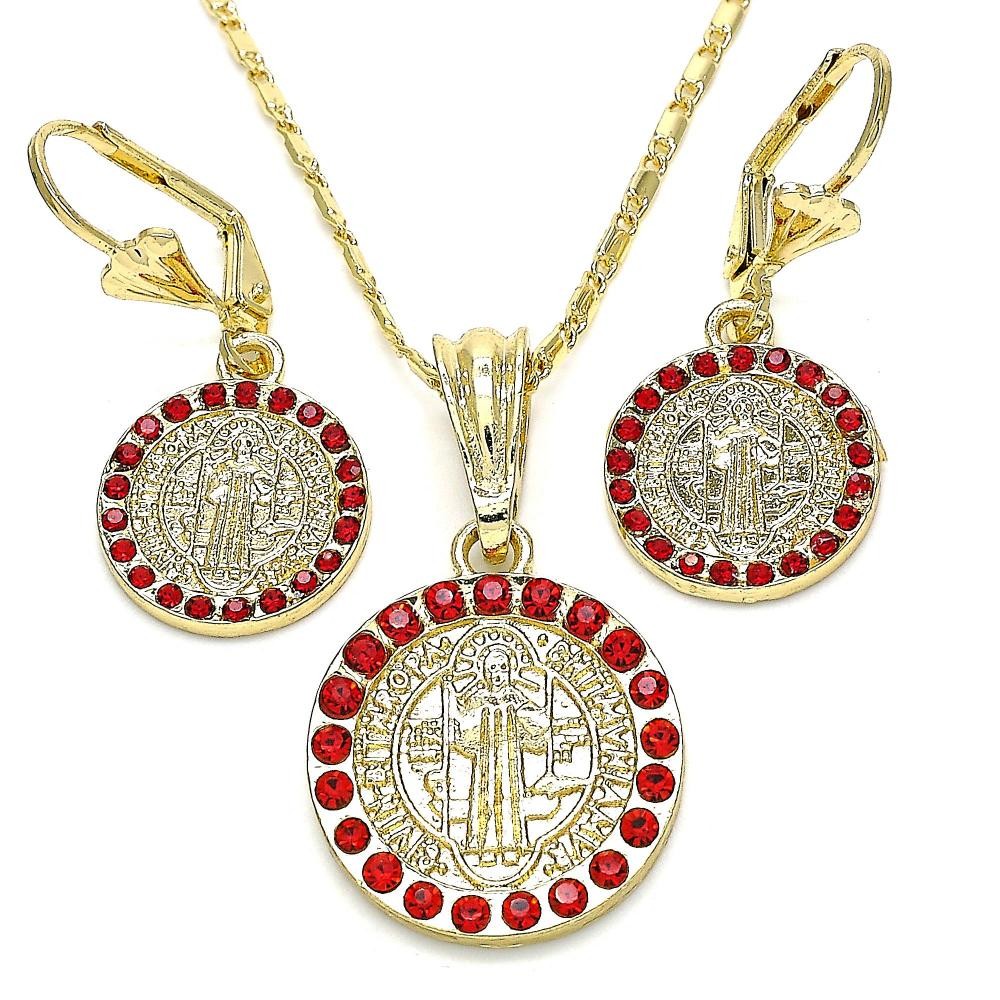 Gold Filled Earring and Pendant Adult Set San Benito Design With Garnet Crystal Polished Finish Golden Tone