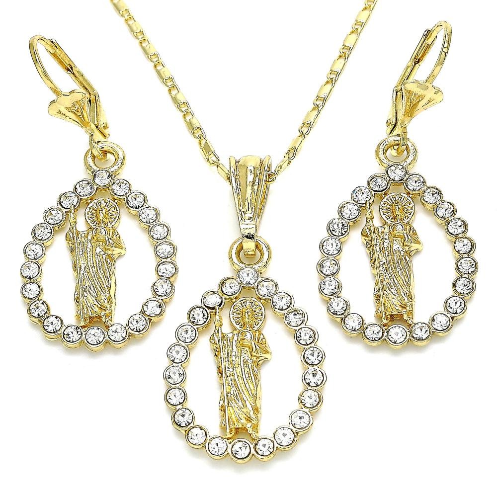 Gold Filled Earring and Pendant Adult Set San Judas and Teardrop Design With White Crystal Polished Finish Golden Tone