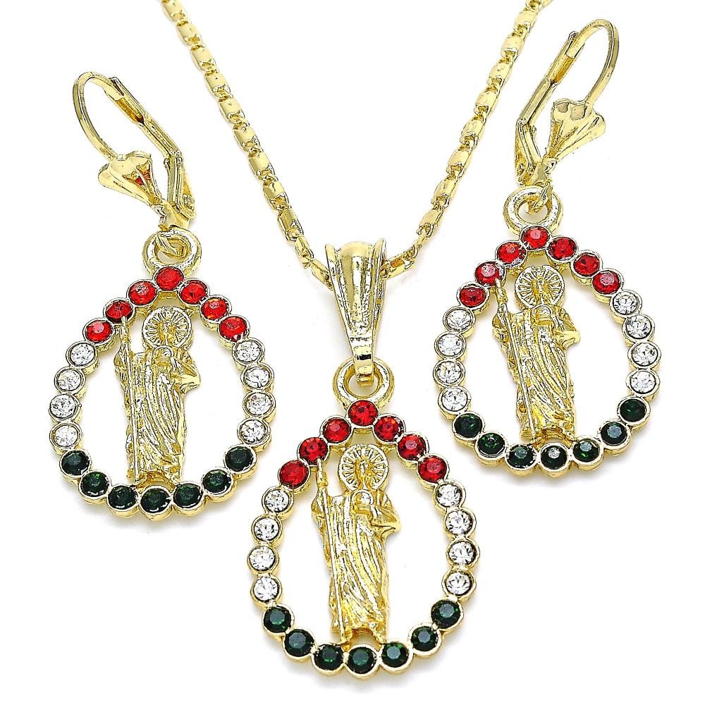 Gold Filled Earring and Pendant Adult Set San Judas and Teardrop Design With Multicolor Crystal Polished Finish Golden Tone