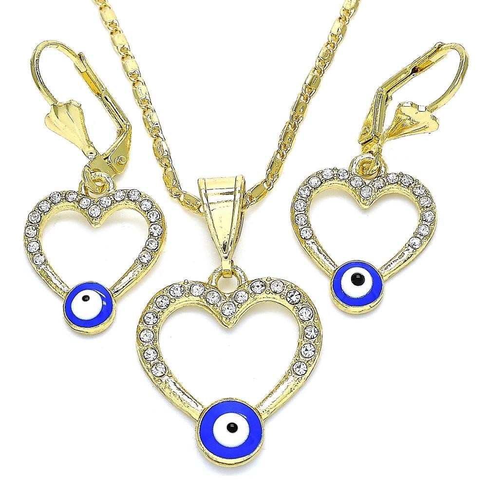 Gold Filled Earring and Pendant Adult Set Heart and Greek Eye Design With White Crystal Blue Enamel Finish Golden Tone