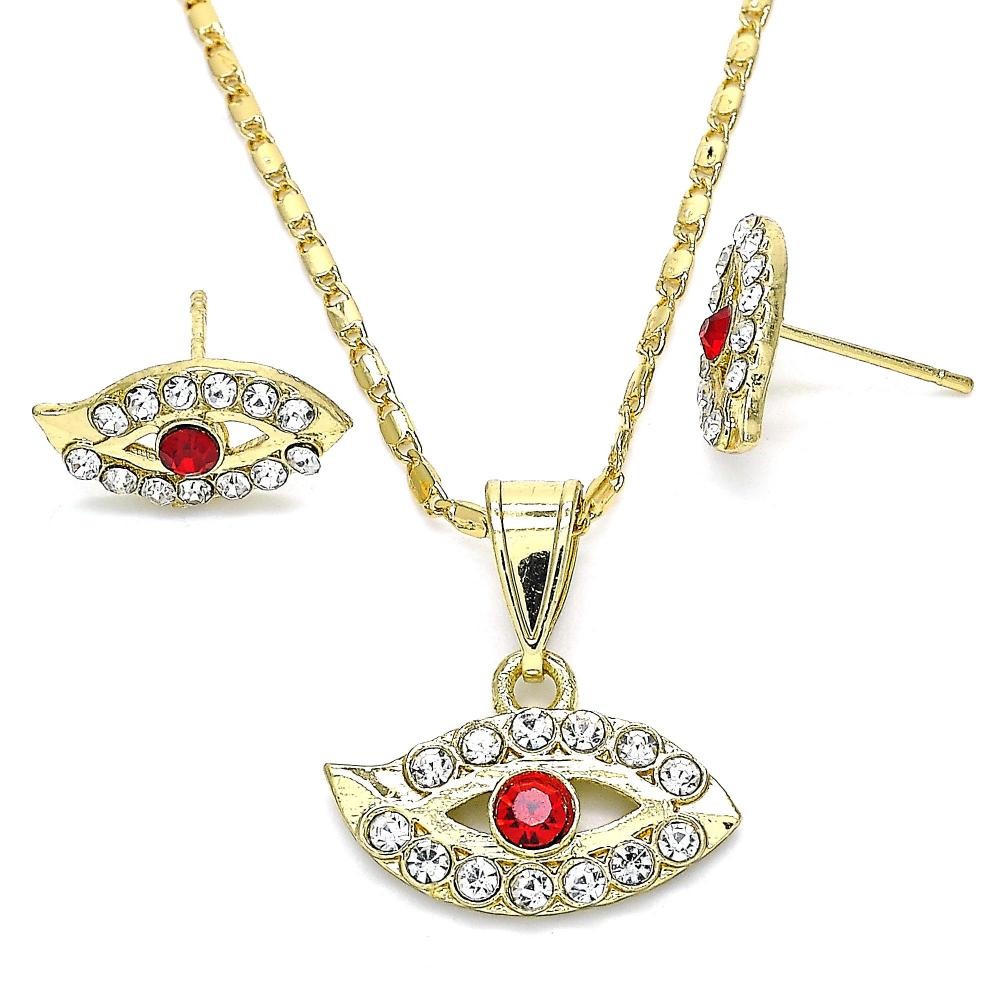 Gold Filled Earring and Pendant Set With Garnet and White Crystal Polished Finish Golden Tone