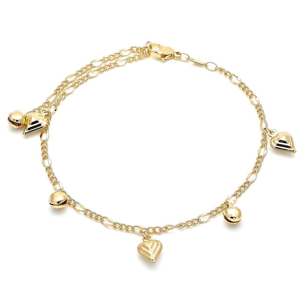 Gold Filled Charm Anklet Heart and Rattle Charm Design Polished Finish Golden Tone